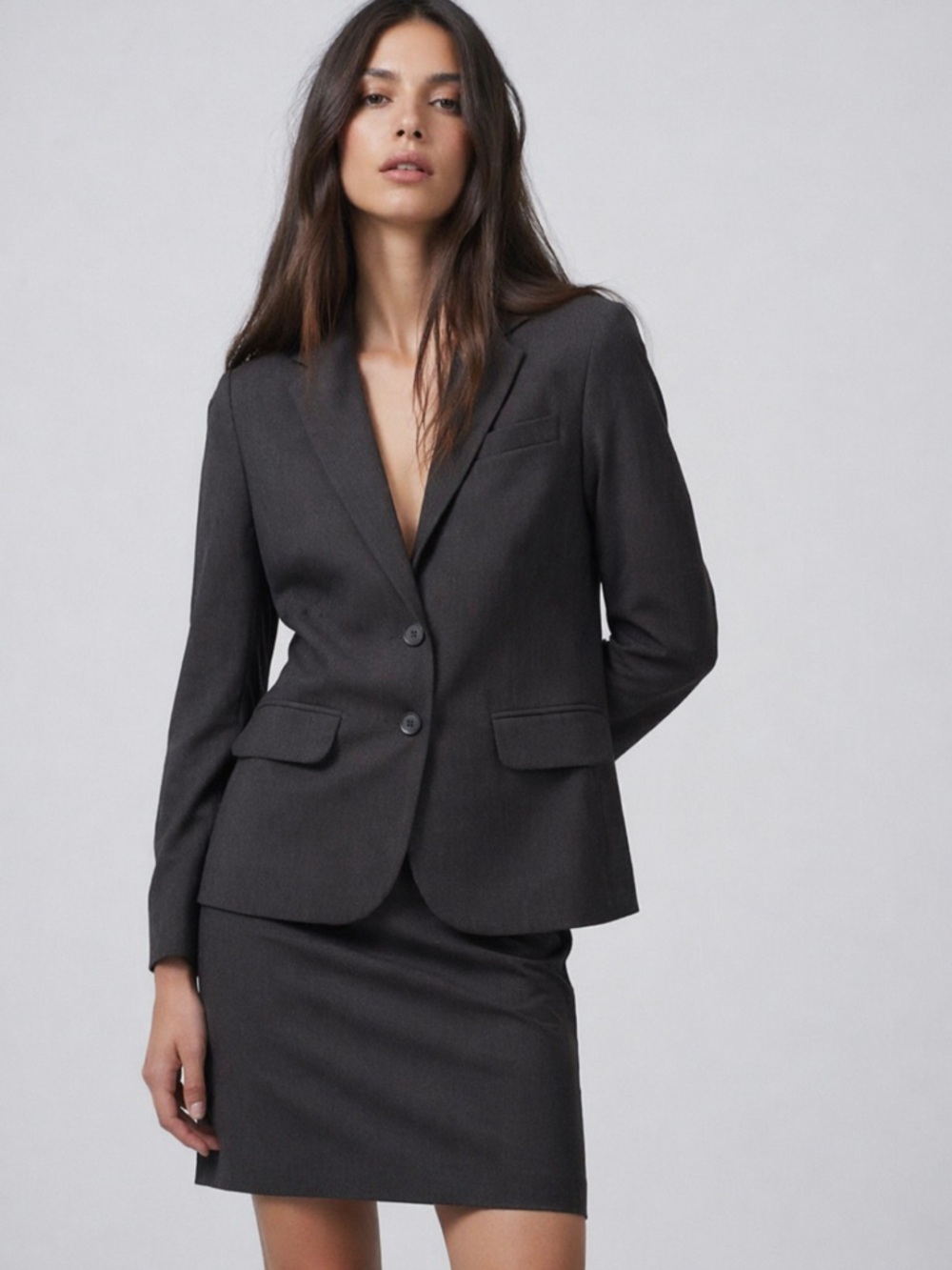 Set Norma Kamali Emma Blazer and Skirt Set in Charcoal Grey - Picture 1 of 10